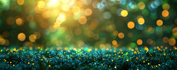 Abstract gold and green glitter lights background. Circle blurred bokeh. Festive backdrop for Christmas, St Patrick Day, party, holiday or birthday with copy space