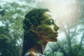 Wall Mural - Creative double exposure portrait of attractive woman with forest environment and conservation concept generative AI
