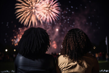 Poster - Generated AI portrait of two women looking enjoying beautiful holiday fireworks in city national day