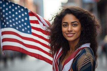 Canvas Print - Happy woman patriot celebrating fourth july Independence Day generative ai concept