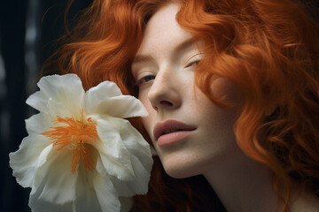 Poster - Digital generative ai collage of red hair woman with white flower on 8 march event