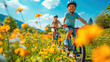 Little boy riding a bike with his mother through a field of yellow flowers on a summer morning