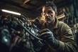 An attentive mechanic with glasses on his head carefully adjusts the complex mechanisms of a car engine in a dimly lit garage