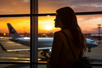 Sticker - AI generated picture of young tourist in airport waiting for plane registration check in flight abroad