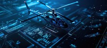 3D Rendering Illustration Helicopter Blueprint Glowing Neon Hologram Futuristic Show Technology Security For Premium Product Business Finance Transportation