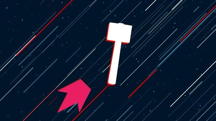 Poster - Mallet symbol flies through the universe on a jet propulsion. The symbol in the center is shaking due to high speed. Seamless looped 4k animation on dark blue background with stars