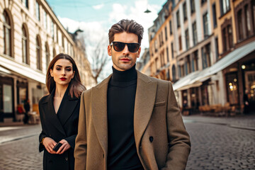 Stylish caucasian white young couple in brown coat and black blazer jacket, sunglasses, black cashmere badlon, walk together on city street. Concept of quiet luxury, minimal look aesthetic, elegance