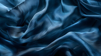 Poster - Detailed capture of blue silky fabric with gentle waves resembling oceanic textures or serene landscapes