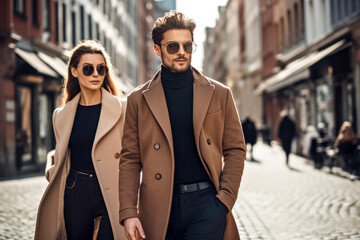 Stylish caucasian white young couple in beige and brown coat, sunglasses, black cashmere badlon and trousers, walk together on city street. Concept of quiet luxury, minimal look aesthetic, elegance