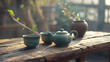 vintage retro ceremony Chinese, tea ceremony with cast iron teapot, Asian black traditional teapot and teacups with healthy jasmine tea, Made By Generative Ai