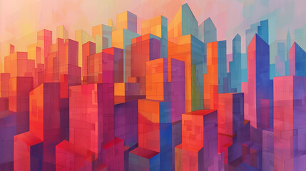 a vibrant, geometric cityscape with a spectrum of colors, blending modern architectural forms into a
