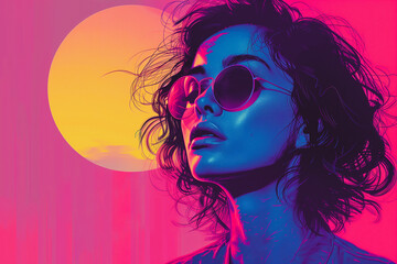 Poster - Retrowave art of a woman with sunglasses, sunset, and neon colors. 80s style synthwave illustration 