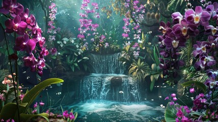 Poster - Tropical waterfall oasis in lush greenery - Exquisite capture of a secret waterfall oasis surrounded by vibrant, lush greenery and blooming orchids in a tropical setting