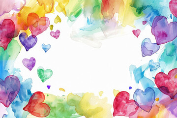 Wall Mural - colorful watercolor hearts frame background with white space in the middle. generative ai