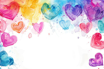 Wall Mural - colorful watercolor hearts frame background with white space in the middle. generative ai