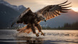 Dynamic action shot of hawk hunting fish during the break of dawn in the alps mountains сreated with Generative Ai