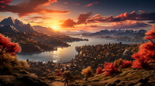 Sunrise Bathes A Majestic Landscape In Golden Light, With Autumn Trees And A Serene Lake