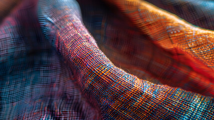 This image features a close-up of a fabric with an intricate red and blue pattern, showing the fine texture and weave