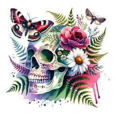 Wall Mural - Sugar skull with moths, butterflies, ferns, and flowers and paint splash style colors