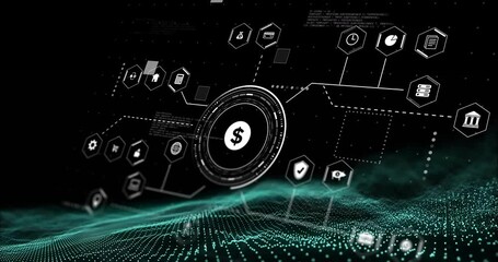 Poster - animation of network of connections with icons and data processing over spots on black background