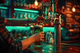 Fototapeta Tulipany - Cropped shot of bartender pouring a traditional green beer for st. Patrick's day celebration on bar counter. Copy space, background.