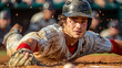 Determined Male Baseball Player Helmet And Dust Diving Toward Base In Dynamic Effort To Stay Safe,