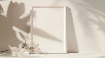 A white frame mockup, in the style of simple and cozy illustration, reminiscent of Scandinavian design principles, featuring an elegant jasmine beside it, with a light and soothing color palette,