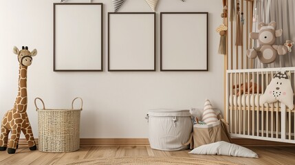 Mock up frame in children room with natural wooden furniture, Farmhouse style interior background