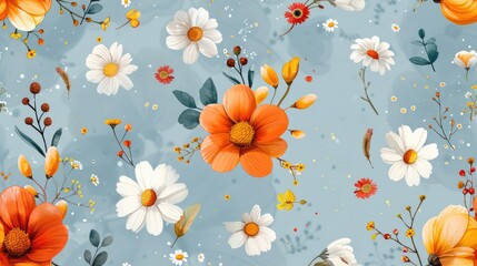 Wall Mural - Flower doodle, seamless pattern, on blue pastel background