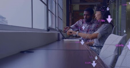Poster - Animation of network of connections with icons over diverse colleagues discussing work in office