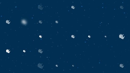 Poster - Template animation of evenly spaced rhino head logos of different sizes and opacity. Animation of transparency and size. Seamless looped 4k animation on dark blue background with stars