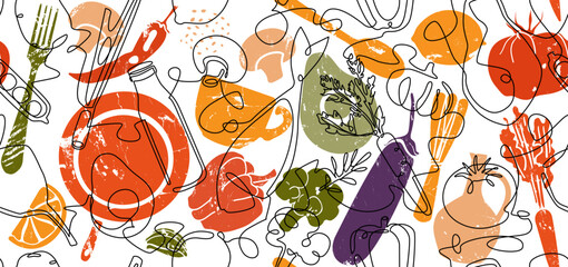 Wall Mural - Double seamless pattern with linear illustration of food and grunge hand drawn silhouettes of utensils and vegetables. Abstract vector background on culinary theme.