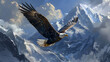A bald eagle soaring over a majestic mountain