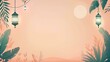 A beautiful illustration of a pink background with a gradient to orange and a full moon. There are green leaves and two lanterns hanging from the top.