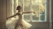 Young Ballerina Dancing In A Beautiful Studio With Large Windows. She Is Wearing A White Leotard And A White Tutu.