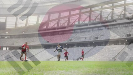 Wall Mural - Animation of flag of south korea over diverse rugby players on field