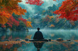 © ADDICTIVE STOCK - Serene Autumn Meditation by a Traditional Pagoda Lake. Generative AI image