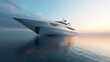 A sleek and stylish yacht cuts through the waves, leaving a trail of foam in its wake. The sun is setting, casting a golden glow over the scene.