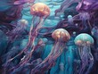 Underwater dreamscape with floating, glowing jellyfish tendrils in shades of turquoise and violet, generative AI
