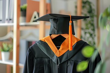 Sticker - Background image of graduation gown hanging on door in cozy home interior, copy space