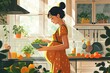© Jane_S - Pregnant woman cook healthy food at home. Woman cooking dinner cutting ingredients for vegetable salad. Vector flat illustration.