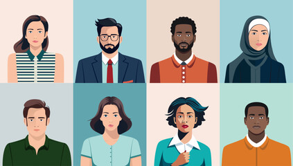 Fototapete - People character portrait collection - Set of vector illustration of faces and upper body, men and woman with different ethnicities looking at camera in front view
