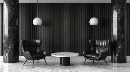 a black and white photo of two chairs and a table in a room with black and white walls and columns.