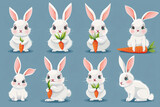 Fototapeta Pokój dzieciecy - Cute white bunny with carrot. Rabbit cartoon vector collection. Animal wildlife character set.
