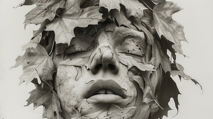 Sticker - a black and white photo of a woman's face with leaves on her head and leaves on her head.