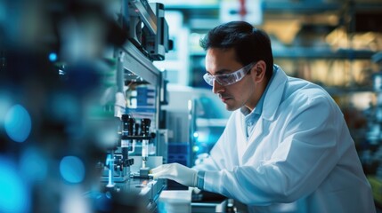Poster - An engineer is conducting experiments in a science lab, wearing a lab coat. AIG41