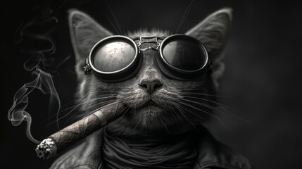 Canvas Print - a black and white photo of a cat wearing goggles and holding a cigar in its mouth with smoke coming out of its mouth.