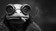 a frog wearing goggles and a leather jacket with a cigarette in his mouth and a cigarette in his mouth.