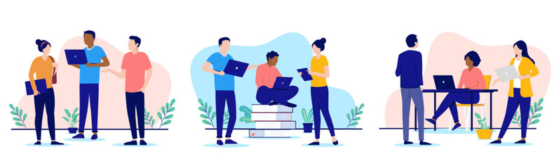 Poster - Work talk and discussion vector set - Illustrations with team of people talking and and working in office in casual business clothes. Office work concept in flat design with white background