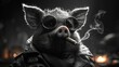 a pig wearing glasses and a leather jacket smoking a cigarette with a cigarette holder in his mouth and a cigarette in his mouth.